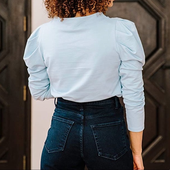 The Drop Women's Airy Blue Wide Mock-Neck Puff-Sleeve Top - Picture 5 of 6